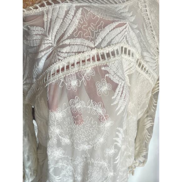 Fairy Sheer Ivory Embroidered Coquette Cottagecore Cotton Boho Blouse Tunic M - Picture 4 of 9